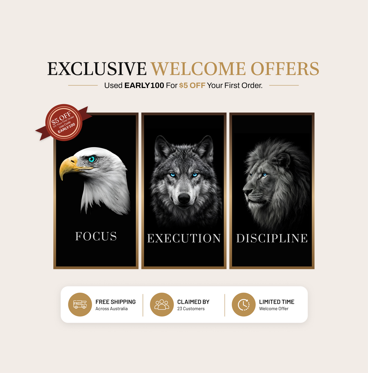 Discipline | Focus | Execution — Lion, Wolf & Eagle B&W Aluminium Wall Art