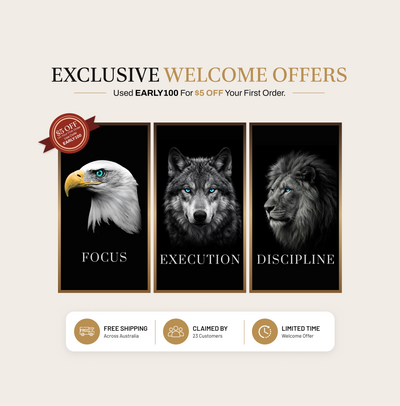 Discipline | Focus | Execution — Lion, Wolf & Eagle B&W Aluminium Wall Art