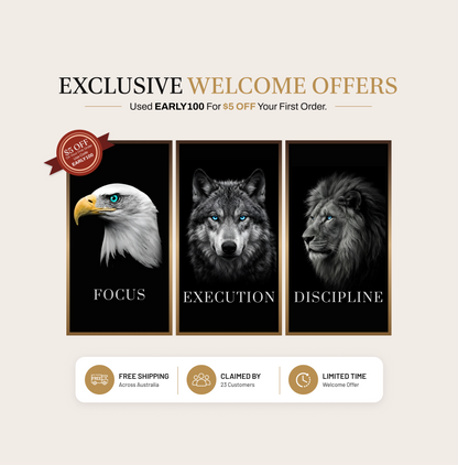 Discipline | Focus | Execution — Lion, Wolf & Eagle B&W Aluminium Wall Art