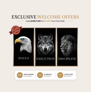 Discipline | Focus | Execution — Lion, Wolf & Eagle B&W Aluminium Wall Art