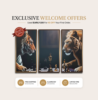 Lion vs Tiger – The Chess of Power | Set of 3 Metal Wall Art