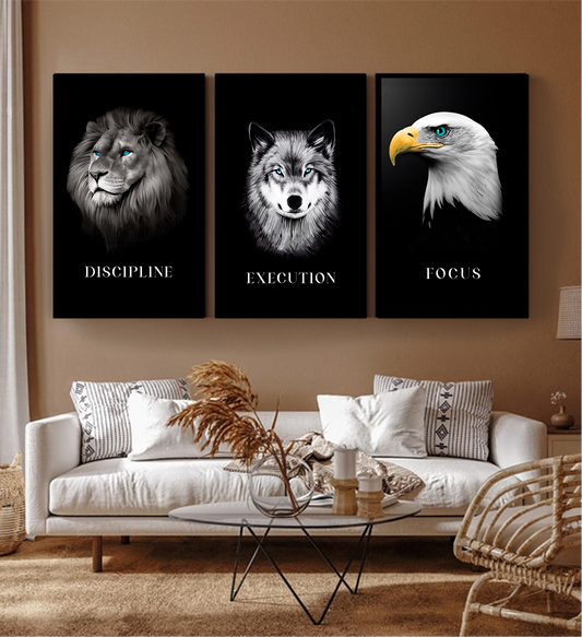 Discipline | Focus | Execution — Lion, Wolf & Eagle B&W Aluminium Wall Art