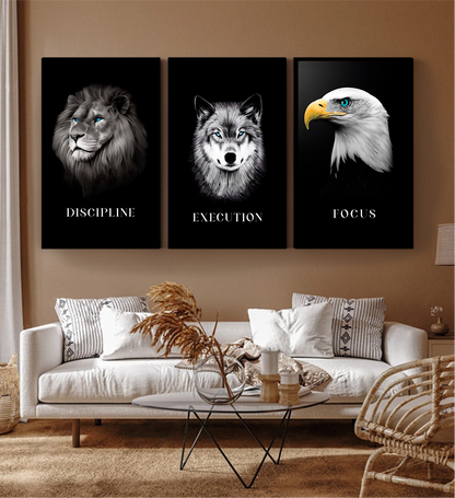Discipline | Focus | Execution — Lion, Wolf & Eagle B&W Aluminium Wall Art