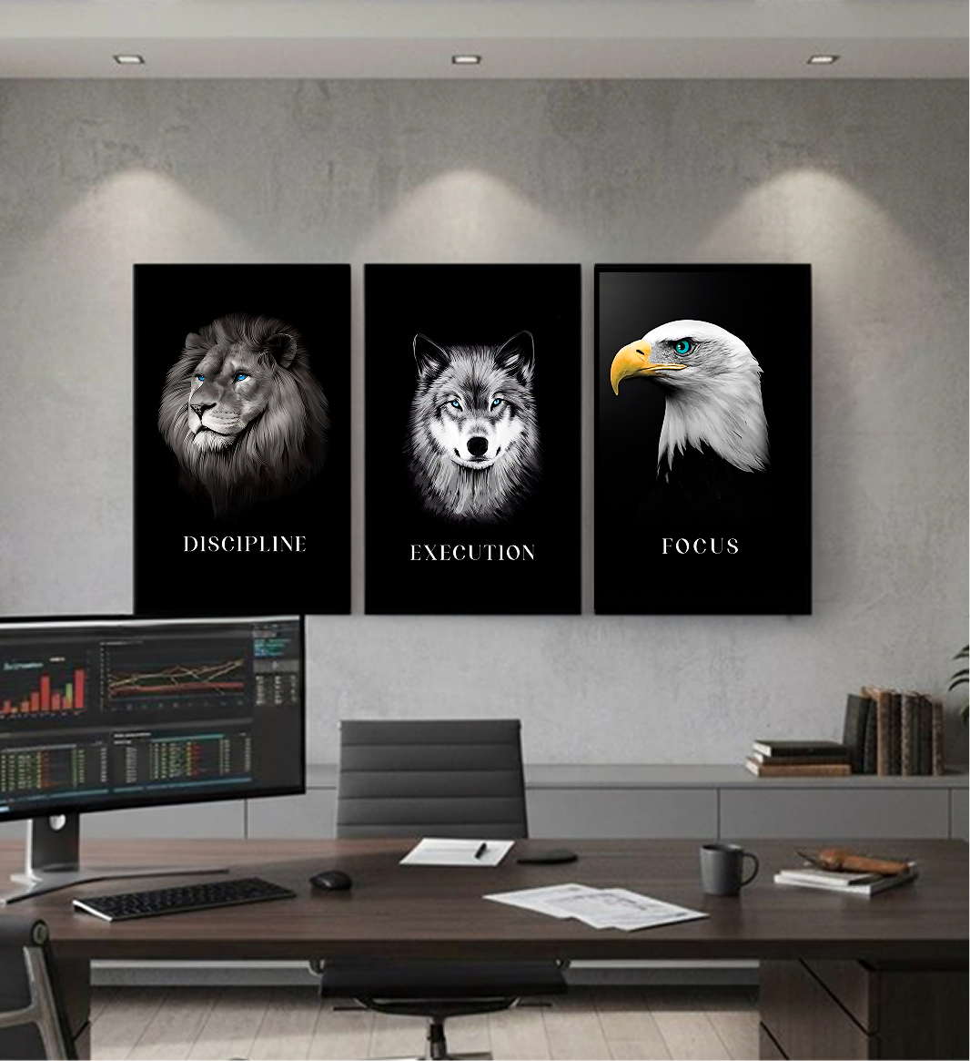 Discipline | Focus | Execution — Lion, Wolf & Eagle B&W Aluminium Wall Art