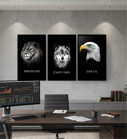 Discipline | Focus | Execution — Lion, Wolf & Eagle B&W Aluminium Wall Art