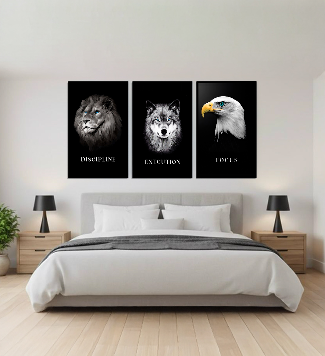 Discipline | Focus | Execution — Lion, Wolf & Eagle B&W Aluminium Wall Art
