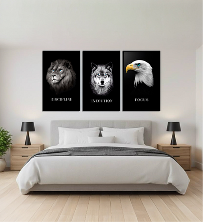 Discipline | Focus | Execution — Lion, Wolf & Eagle B&W Aluminium Wall Art