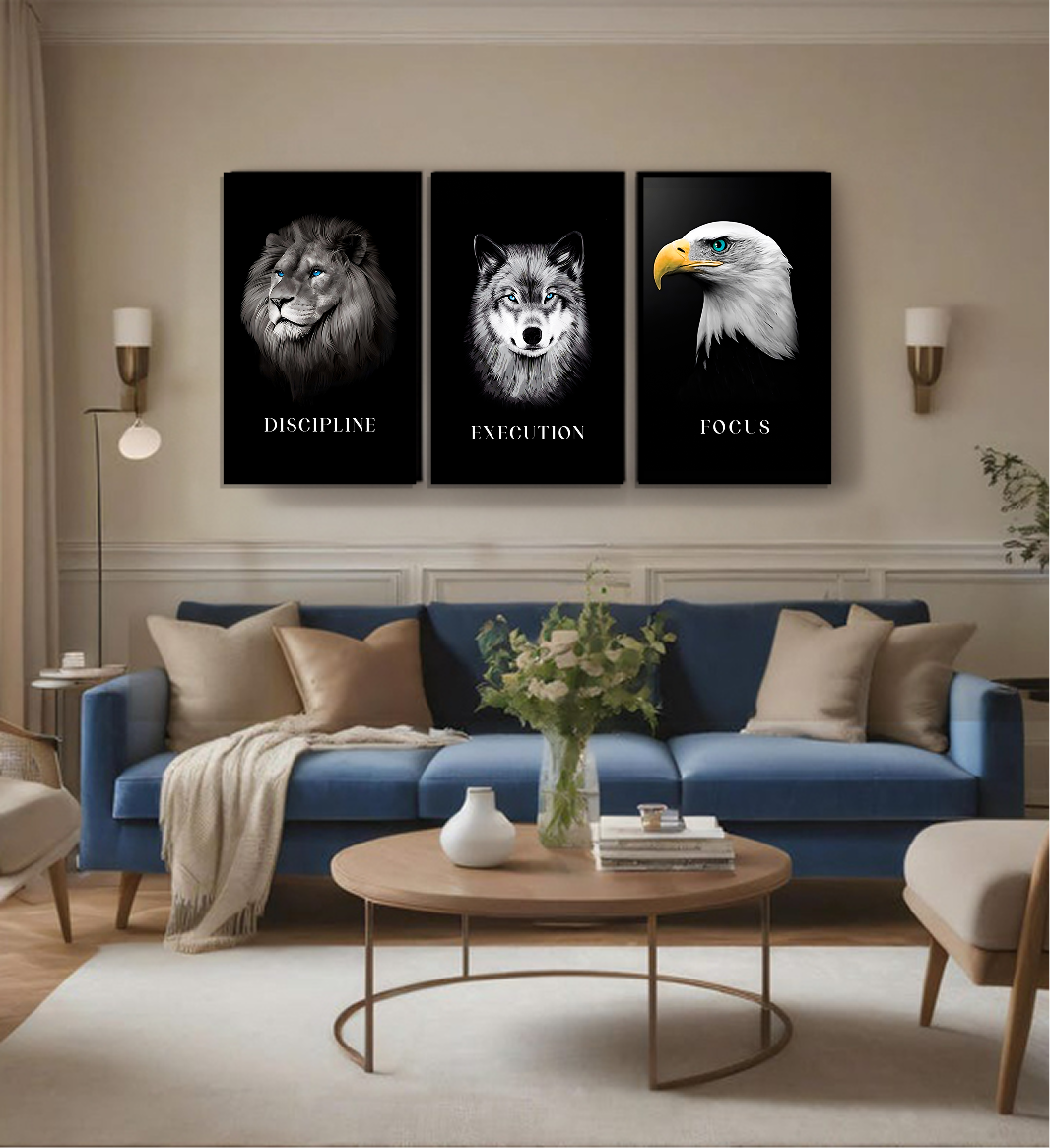 Discipline | Focus | Execution — Lion, Wolf & Eagle B&W Aluminium Wall Art