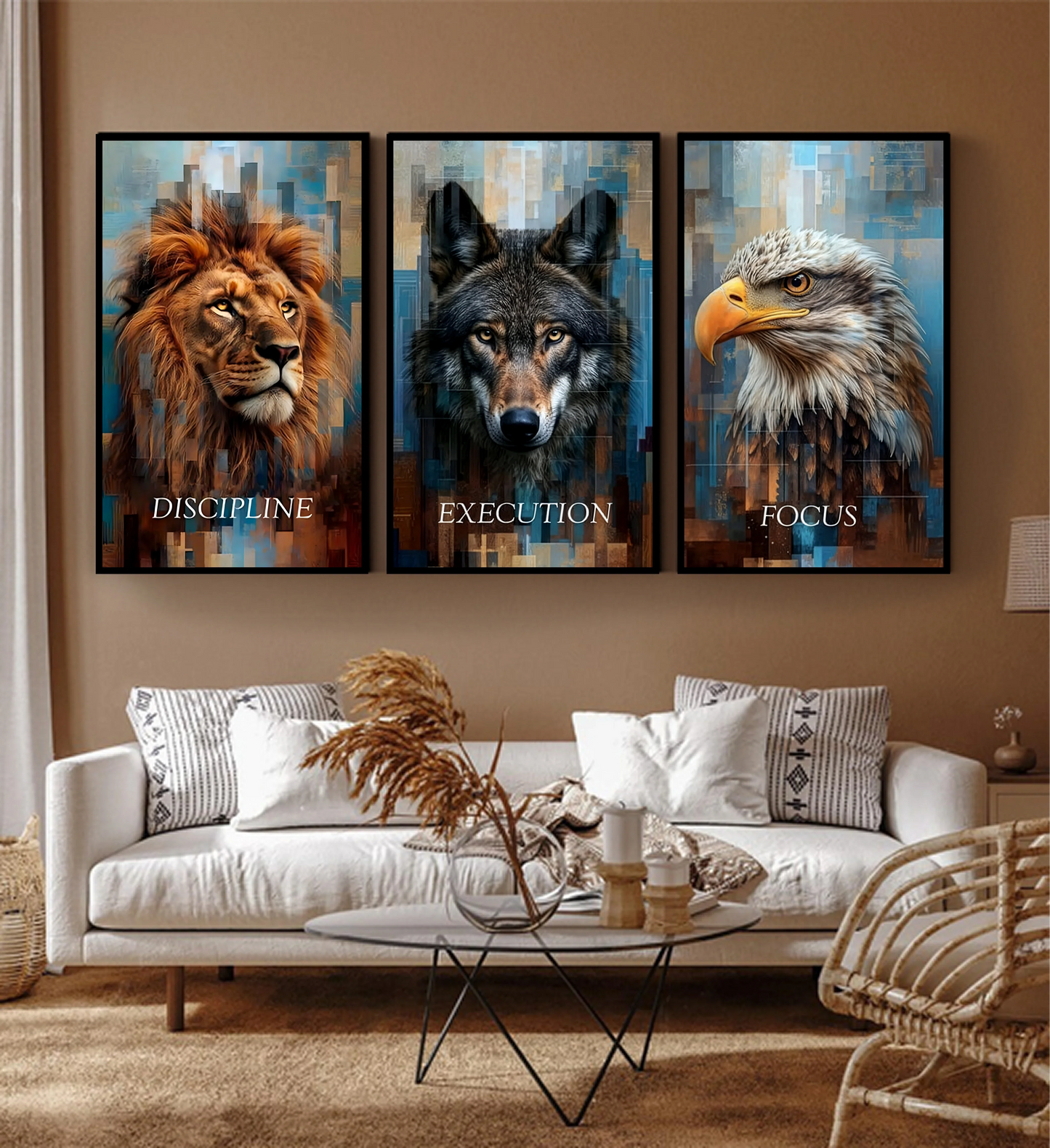 Discipline | Execution | Focus — Lion, Wolf & Eagle Vivid Colour Metal Wall Art (Set of 3)