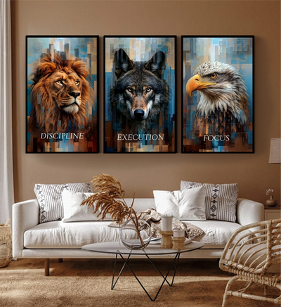 Discipline | Execution | Focus — Lion, Wolf & Eagle Vivid Colour Metal Wall Art (Set of 3)
