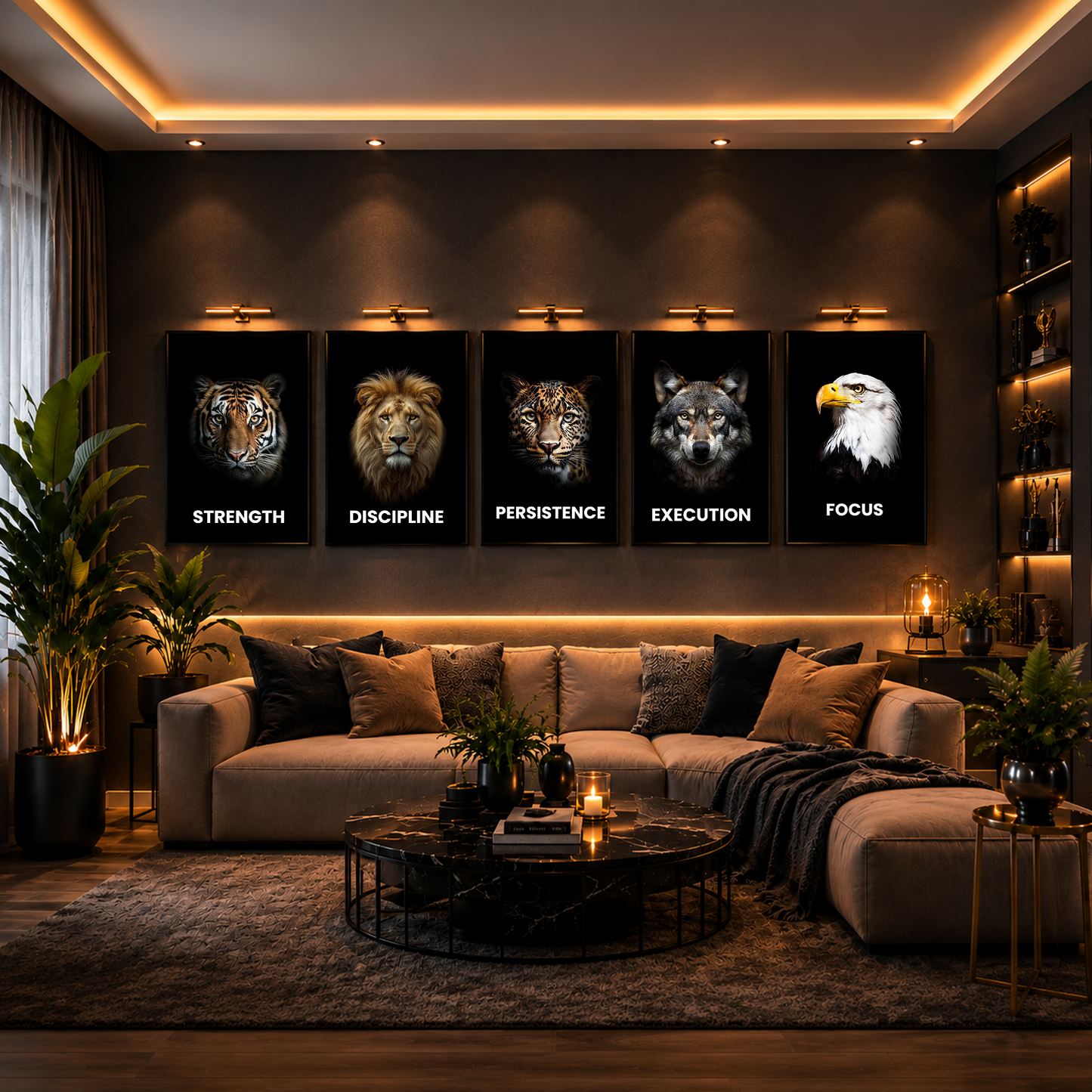 Alpha Mindset — 5-Piece B&W Metal Wall Art | Discipline, Focus, Execution, Persistence & Strength