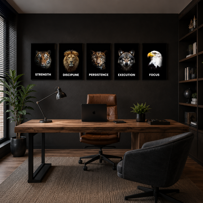 Alpha Mindset — 5-Piece B&W Metal Wall Art | Discipline, Focus, Execution, Persistence & Strength