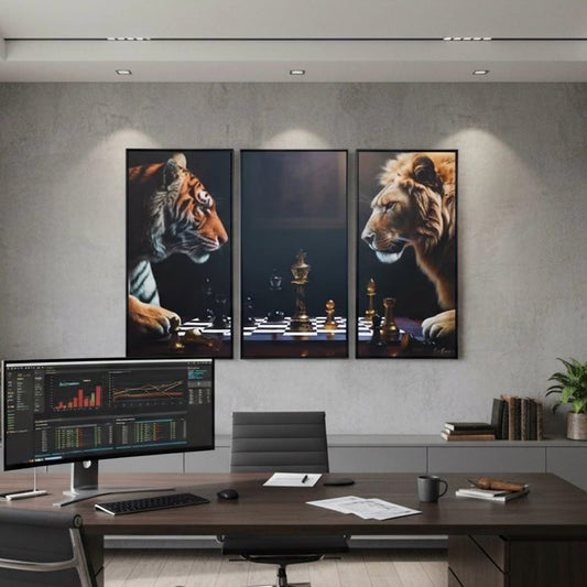 Lion vs Tiger – The Chess of Power | Set of 3 Metal Wall Art